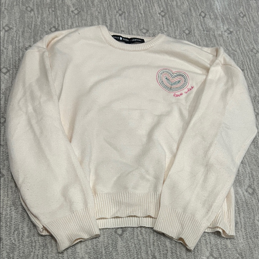 Aqua Cream Sweater with Heart Embroidery